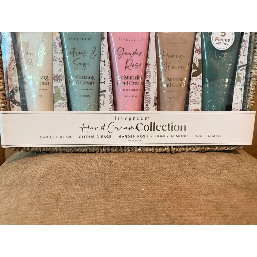 Livegreen Hand Cream Collection 5 Piece Gift Set with Woven Tray Vanilla Rose